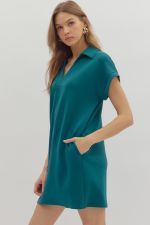 V Neck Collared Knit Pullover Mini Dress-