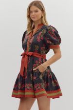 Floral Puff V neck  Button Removeable Belt-Black/Red/Olive-