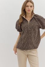 Leopard Puff Sleeve Half Zip  Band Collar-