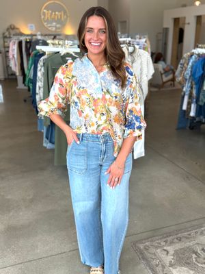 Floral Button 3/4 Gathered Balloon Sleeve Top-Blue Mix-
