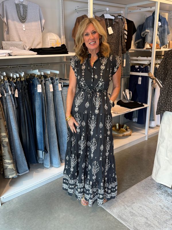 Print Tiered Maxi Dress-Black-