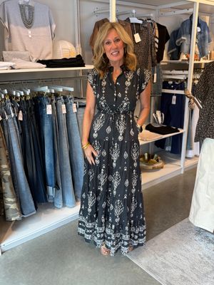 Print Tiered Maxi Dress-Black-