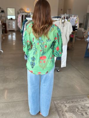Printed Button 3/4 Gathered Balloon Sleeve-Green Mix-