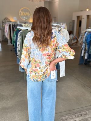 Floral Button 3/4 Gathered Balloon Sleeve Top-Blue Mix-