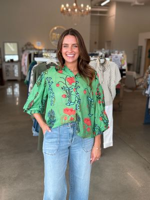 Printed Button 3/4 Gathered Balloon Sleeve-Green Mix-