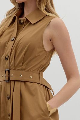 S/L Pleated Button-Up w/ Belt-Brown-
