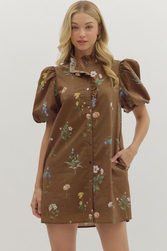 Brown Floral Short Dress-
