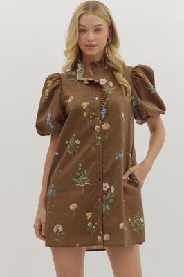 Brown Floral Short Dress-