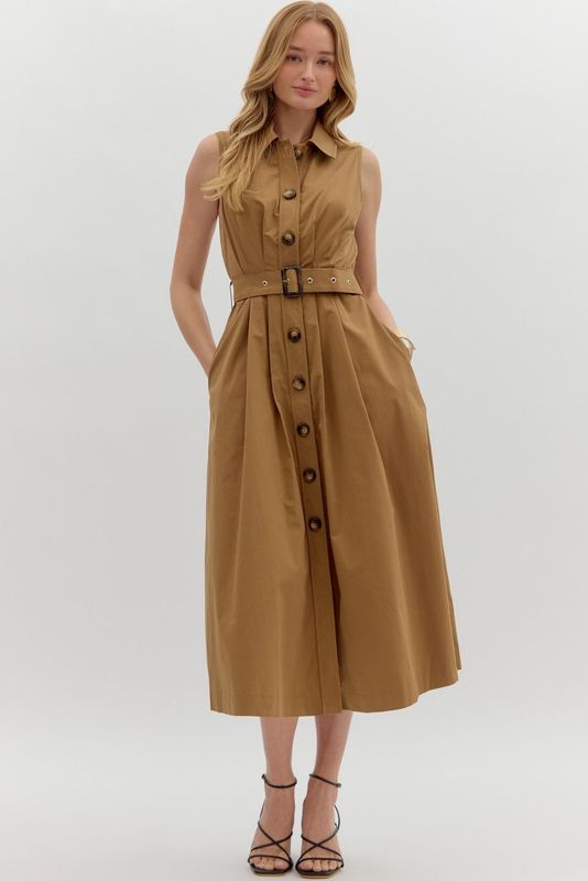 S/L Pleated Button-Up w/ Belt-Brown-
