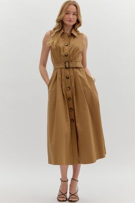 S/L Pleated Button-Up w/ Belt-Brown-
