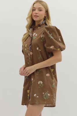 Brown Floral Short Dress-