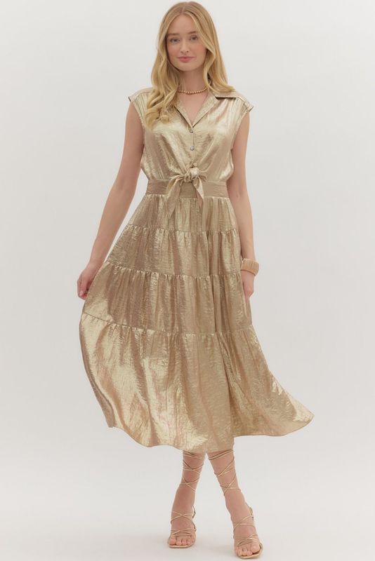 Shimmering S/L Tiered Midi w/ Peek Tie Front-