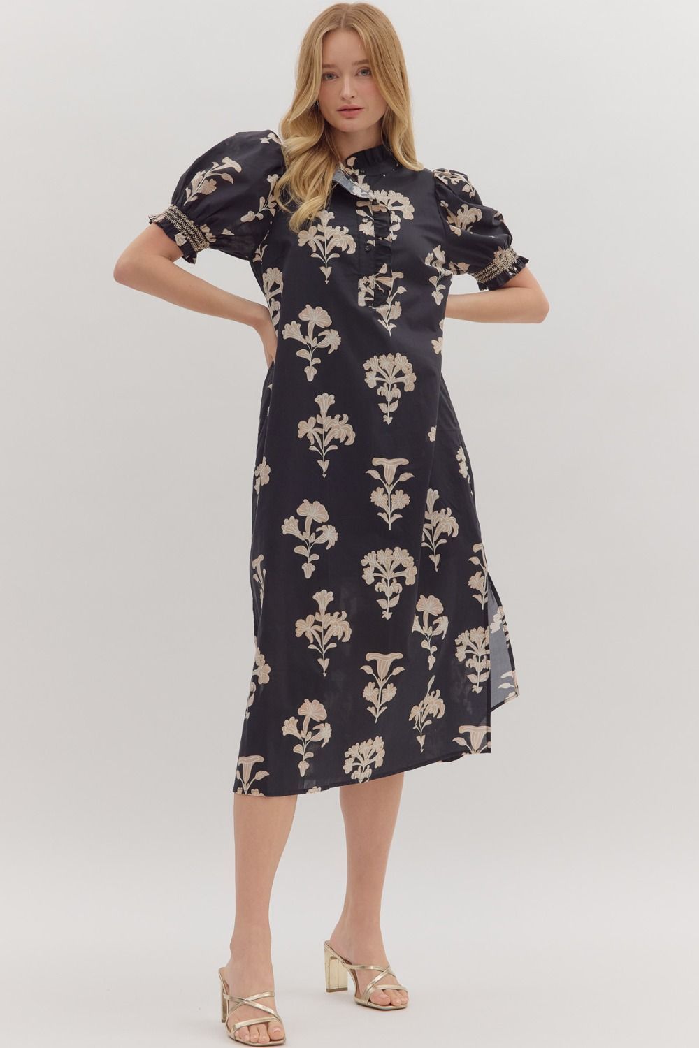 Botanical Print Midi Dress - Black-
