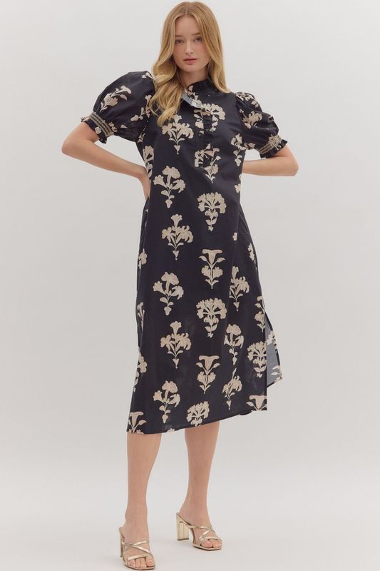 Botanical Print Midi Dress - Black-