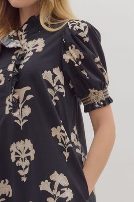 Botanical Print Midi Dress - Black-