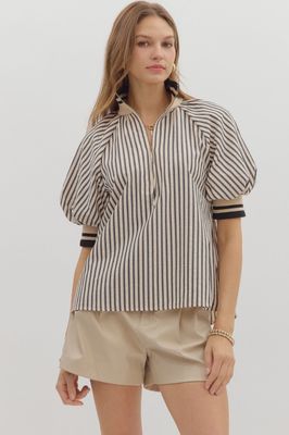 Stripe Pattern half zip Puff Sleeve- Band -