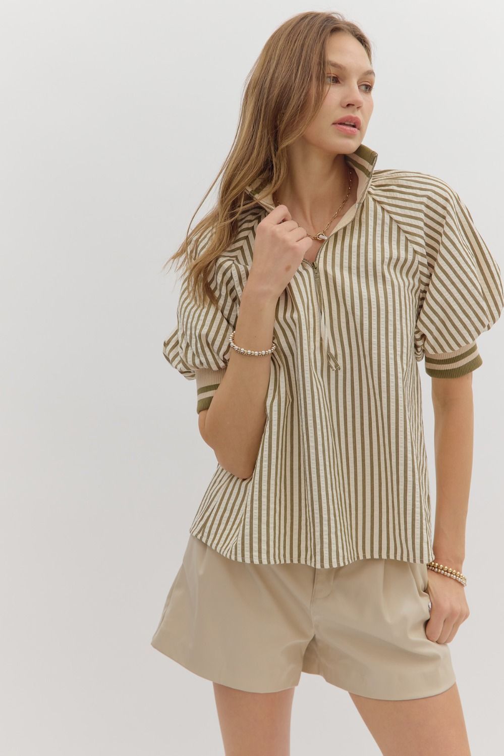 Stripe Pattern half zip Puff Sleeve- Band -