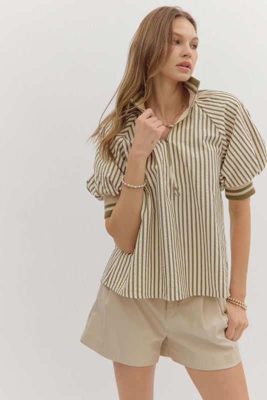 Stripe Pattern half zip Puff Sleeve- Band -