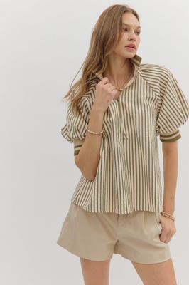 Stripe Pattern half zip Puff Sleeve- Band -