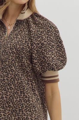 Leopard Puff Sleeve Half Zip  Band Collar-