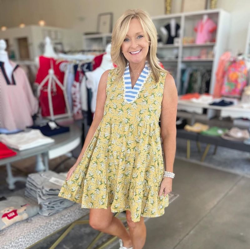 S/L Flower Dress/Stripe Trim-