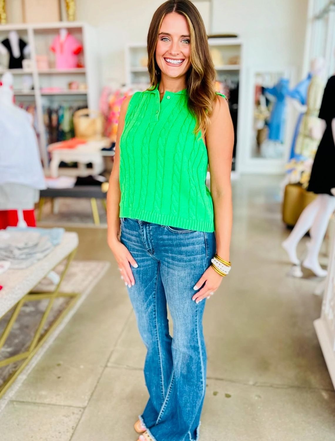Cable Knit Tank Sweater w/ Collar-Green-