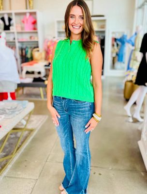 Cable Knit Tank Sweater w/ Collar-Green-