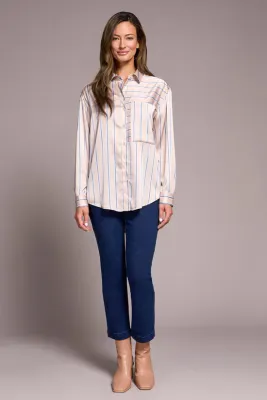 Stripe Silky Button Up Blouse-Beige/Blue-