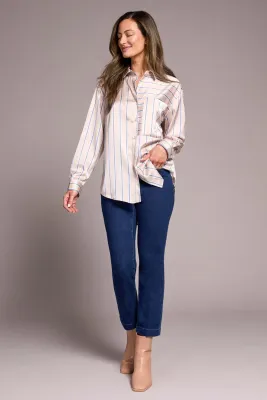 Stripe Silky Button Up Blouse-Beige/Blue-
