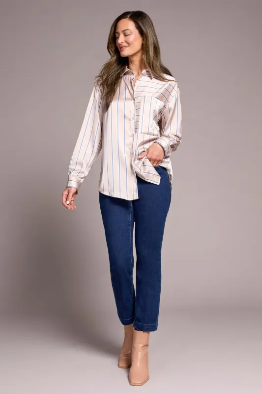 Stripe Silky Button Up Blouse-Beige/Blue-
