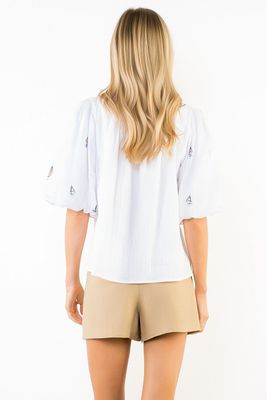 Embroidered Sailboat Top-White-