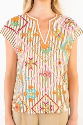 Stripe Embroidery Top-Brown-