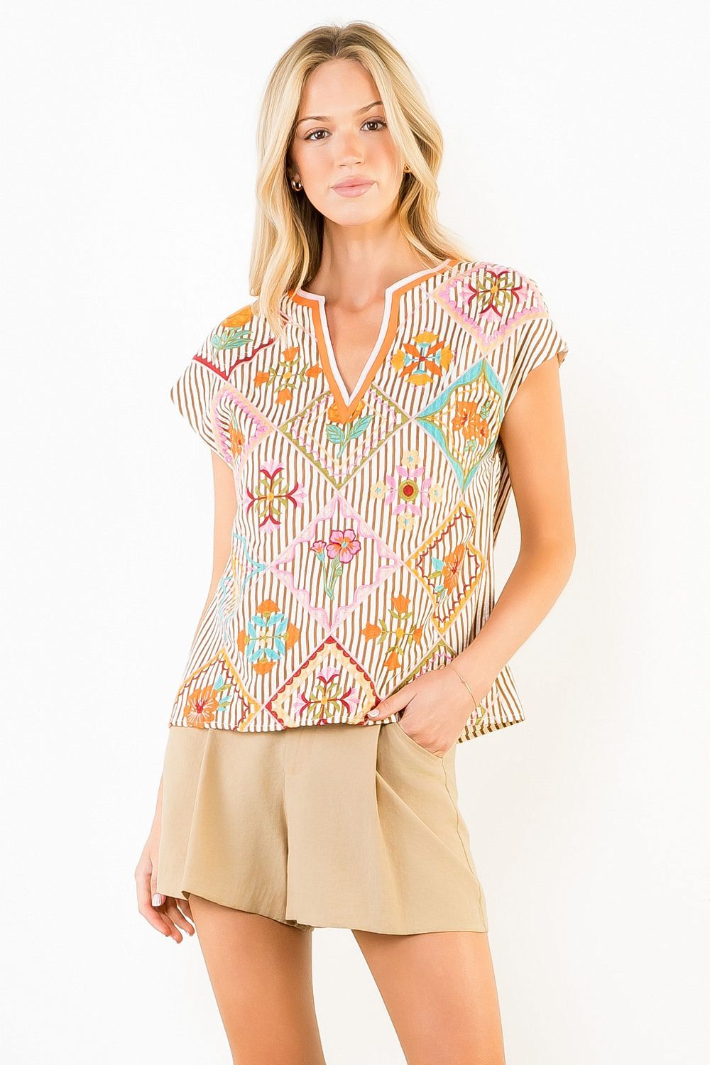 Stripe Embroidery Top-Brown-