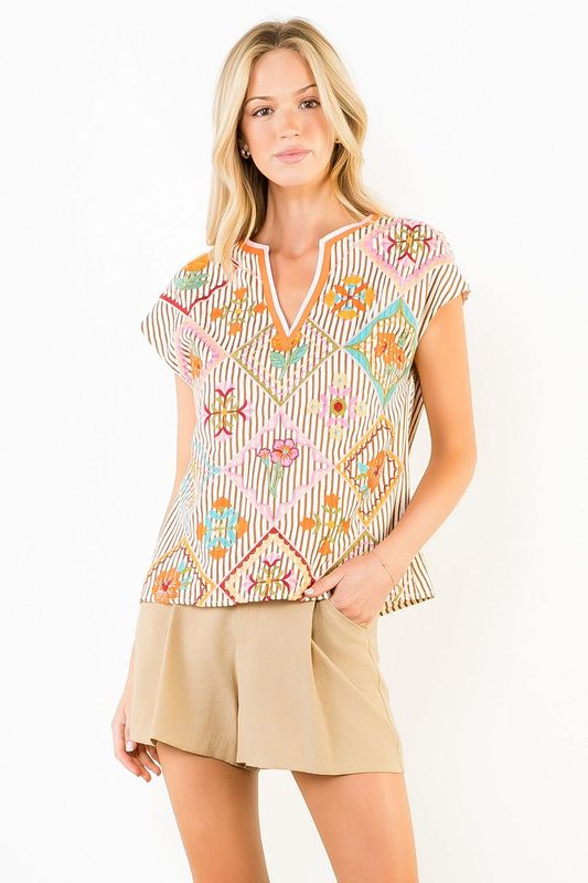 Stripe Embroidery Top-Brown-