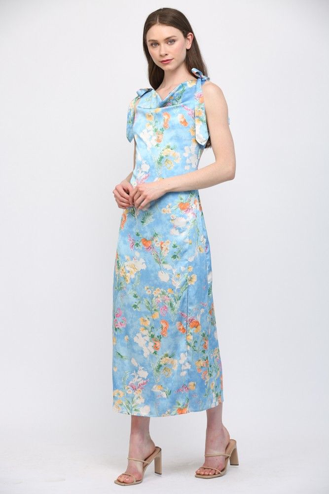 Satin Cowl Neck Dress - Lt Blue-