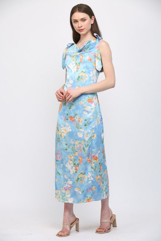 Satin Cowl Neck Dress - Lt Blue-