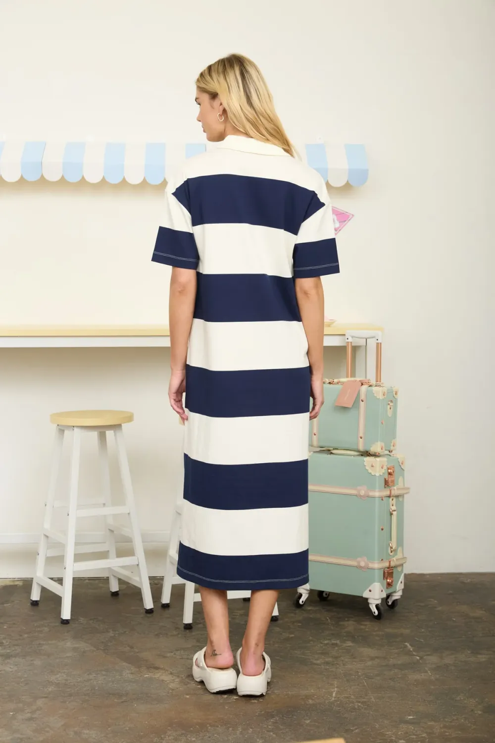 Wide Stripe Collared Midi Dress - Navy-
