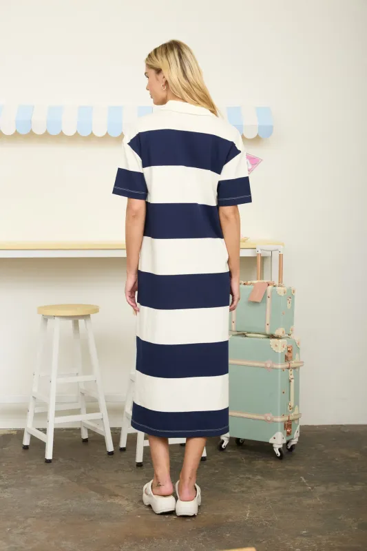 Wide Stripe Collared Midi Dress - Navy-