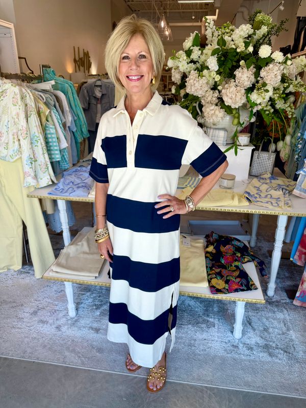 Wide Stripe Collared Midi Dress - Navy-