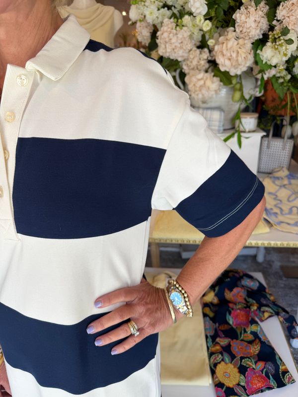 Wide Stripe Collared Midi Dress - Navy-
