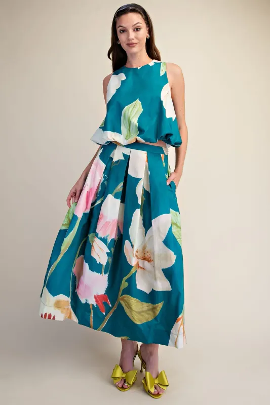 S/L Floral Bubble Top - Teal-