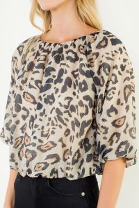 Animal Print Puff Sleeve Bubble Top-Cream