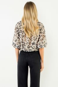 Animal Print Puff Sleeve Bubble Top-Cream