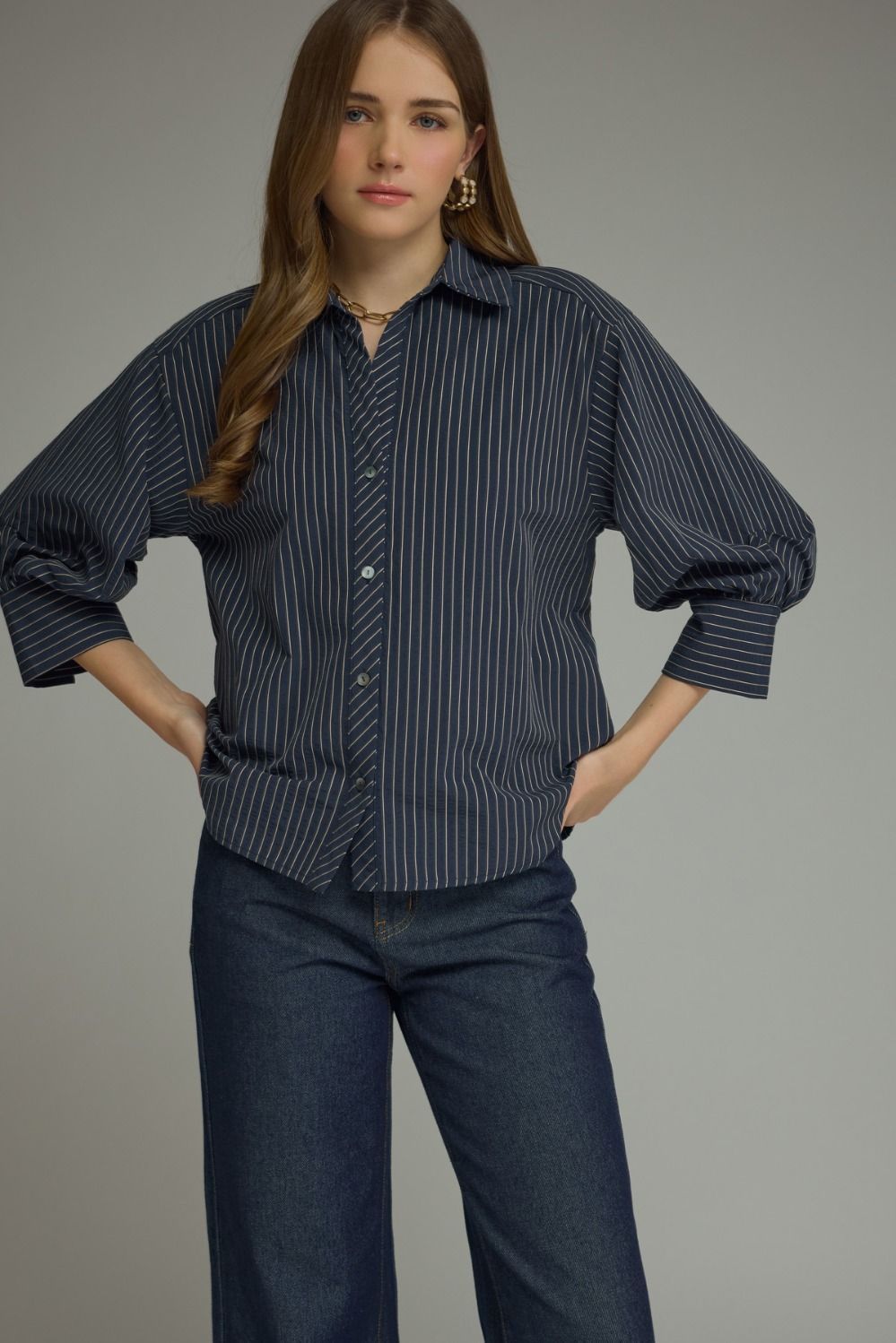 Bunched Sleeve Striped Button Up-