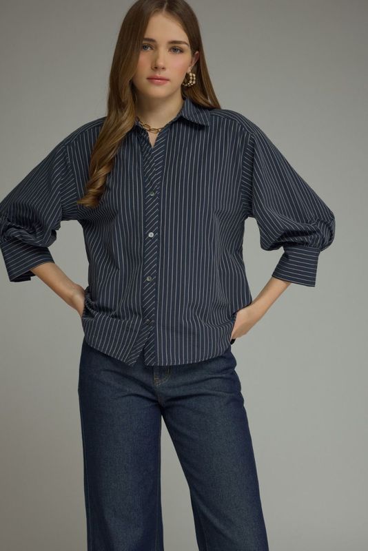 Bunched Sleeve Striped Button Up-
