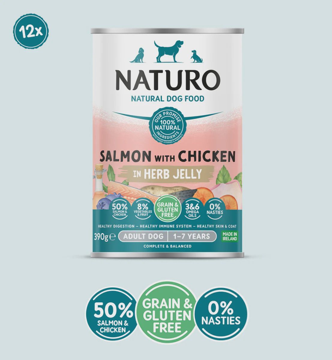 Naturo Adult Grain &amp; Gluten Free Salmon &amp; Chicken in Herb Jelly Wet Dog Food 390g Individual