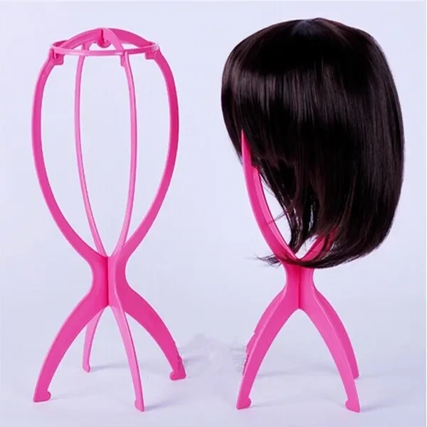 Pink Plastic Wig Display Stands - Foldable Hair Holder