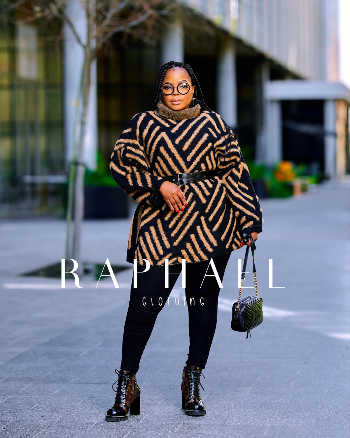 RAPH BLACK AND TAN FUZZY PATTERNED SWEATER DRESS