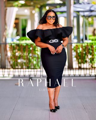 AZA3407-0FF-SHOULDER RUFFLE BLACK DRESS