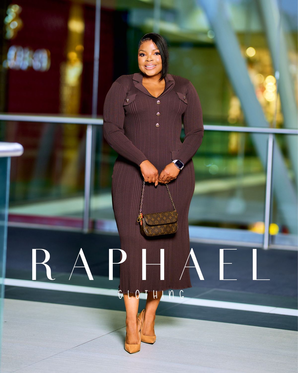 RAPH- KAELA GOLD BUTTON LONGSLEEVE KNITTED DRESS